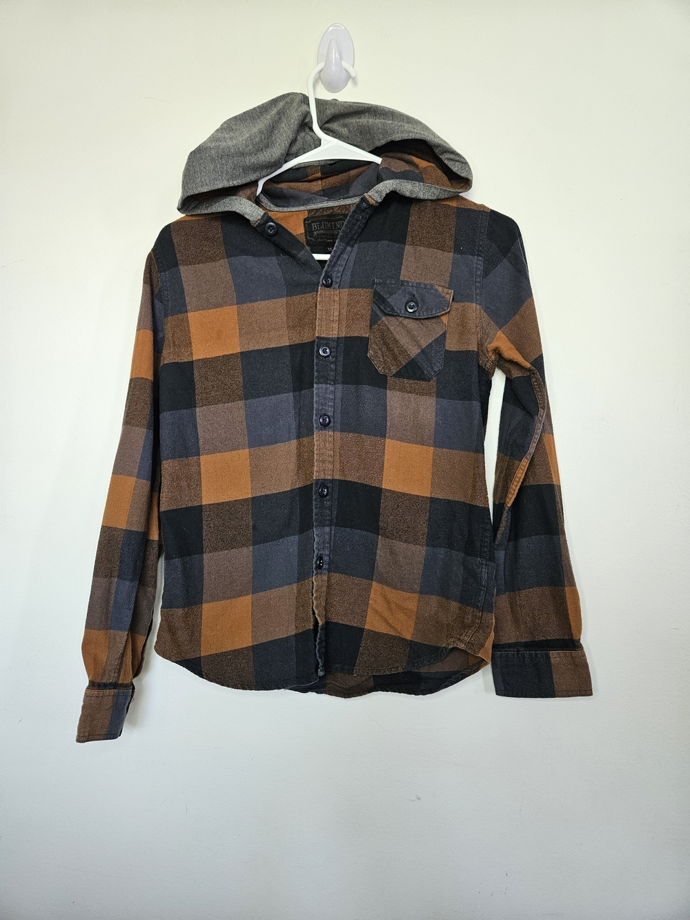 BLUMIND Kids Plaid Hooded Flannel Button Down Shirt Brown Black Size 12🩷